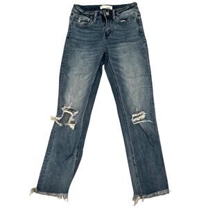 Vervet Women's Blue Cotton Stretch Distressed Raw Hem Straight Leg Jeans Size 25